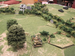 Panzer IV successfully spots and targets British infantry in the lane near the hamlet