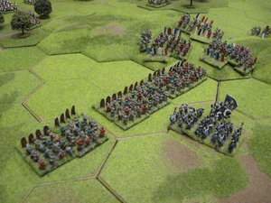 The French crossbow form a line behind their pavisses