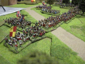 The English longbow from a defensive line across the road and into the woodland