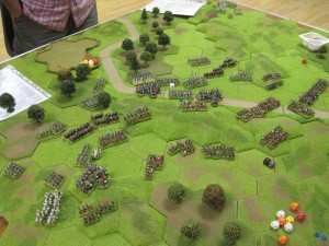 The overall picture at the end with the Teutonic forces advancing against Tim's Yorkists. Defeat is imminent.