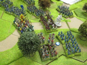 The mounted Samurai and French knights meet on the central road.